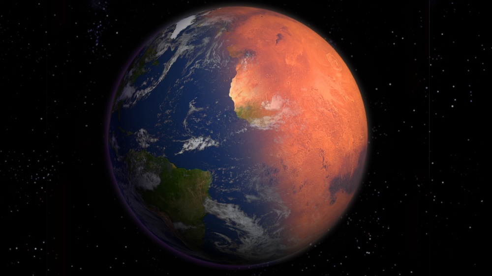 Kuvamuokkaus, missä Maa ja Mars ovat yhdessä