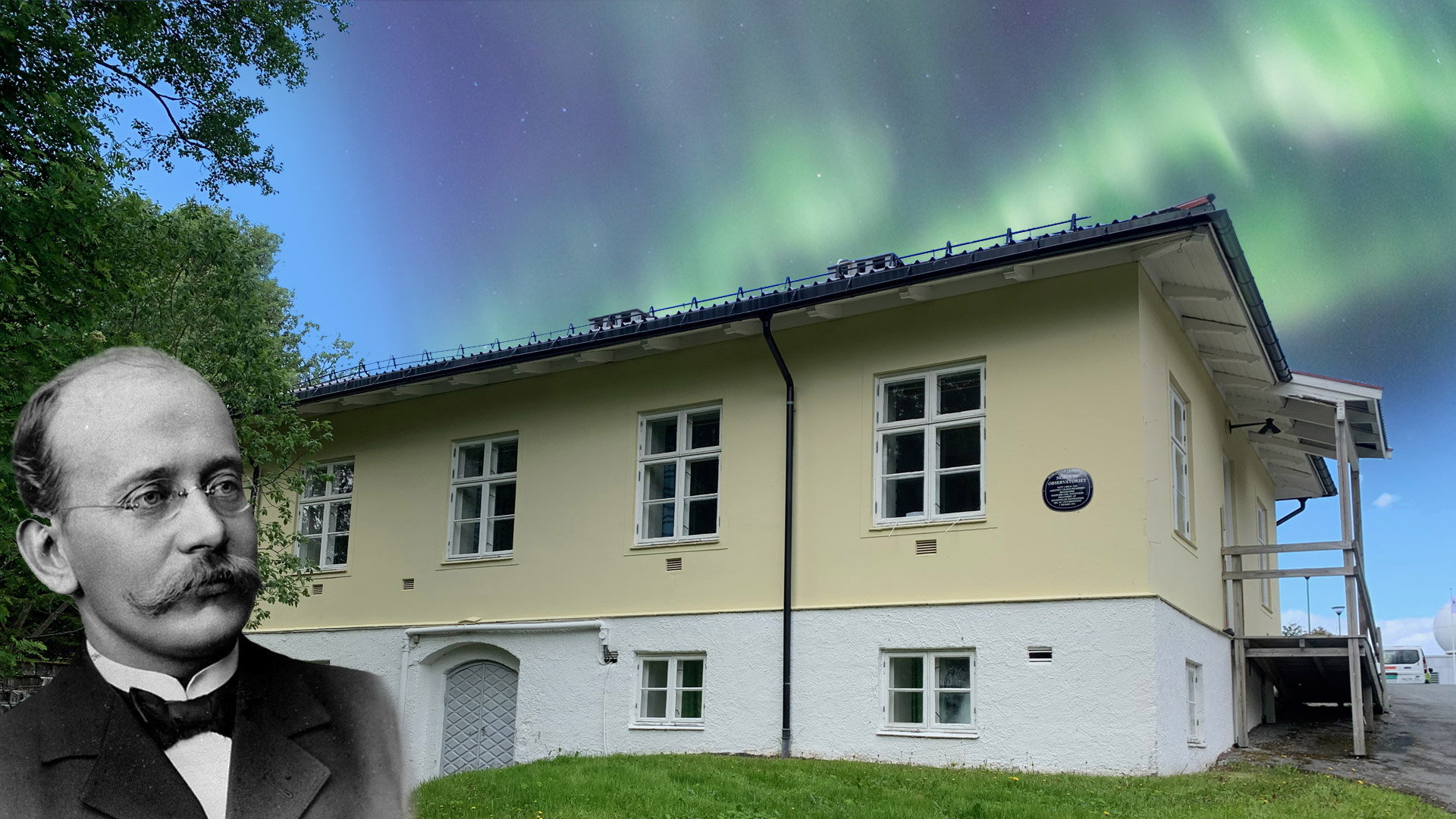 Revontulitalo Tromssassa ja Kristian Birkeland.