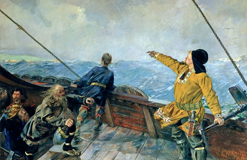 Maalaus: Leifr Eiriksson löytää Pohjois-Amerikan. (Christian Krohg, 1893)