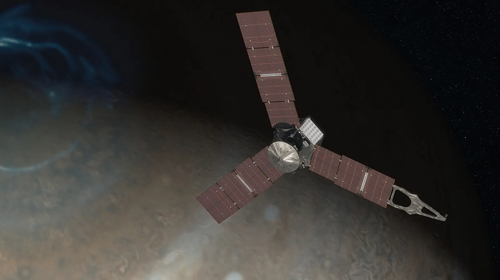 Juno Jupiterin pohjoisnavan päällä (taiteilijan näkemys)
