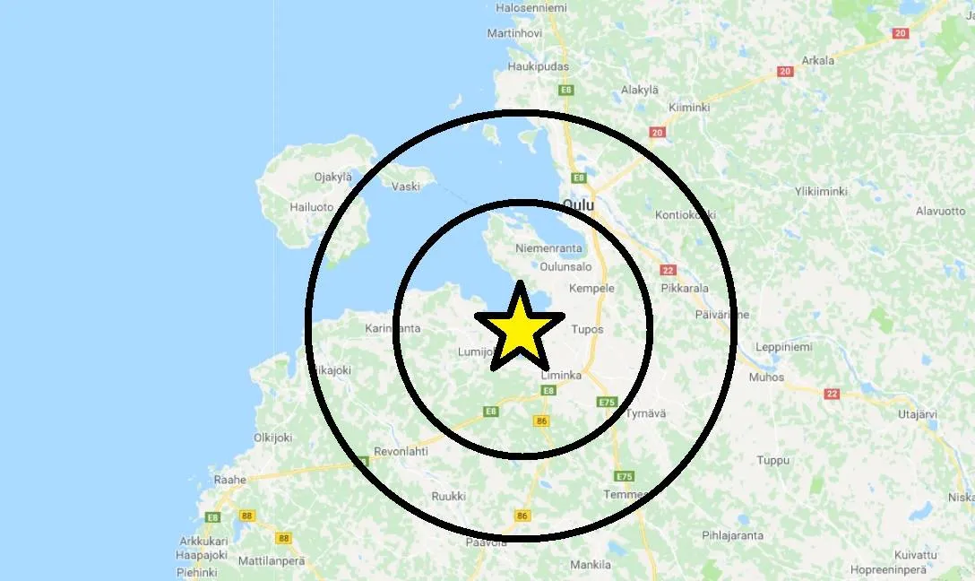 Yksinkertainen kartta järistysalueesta