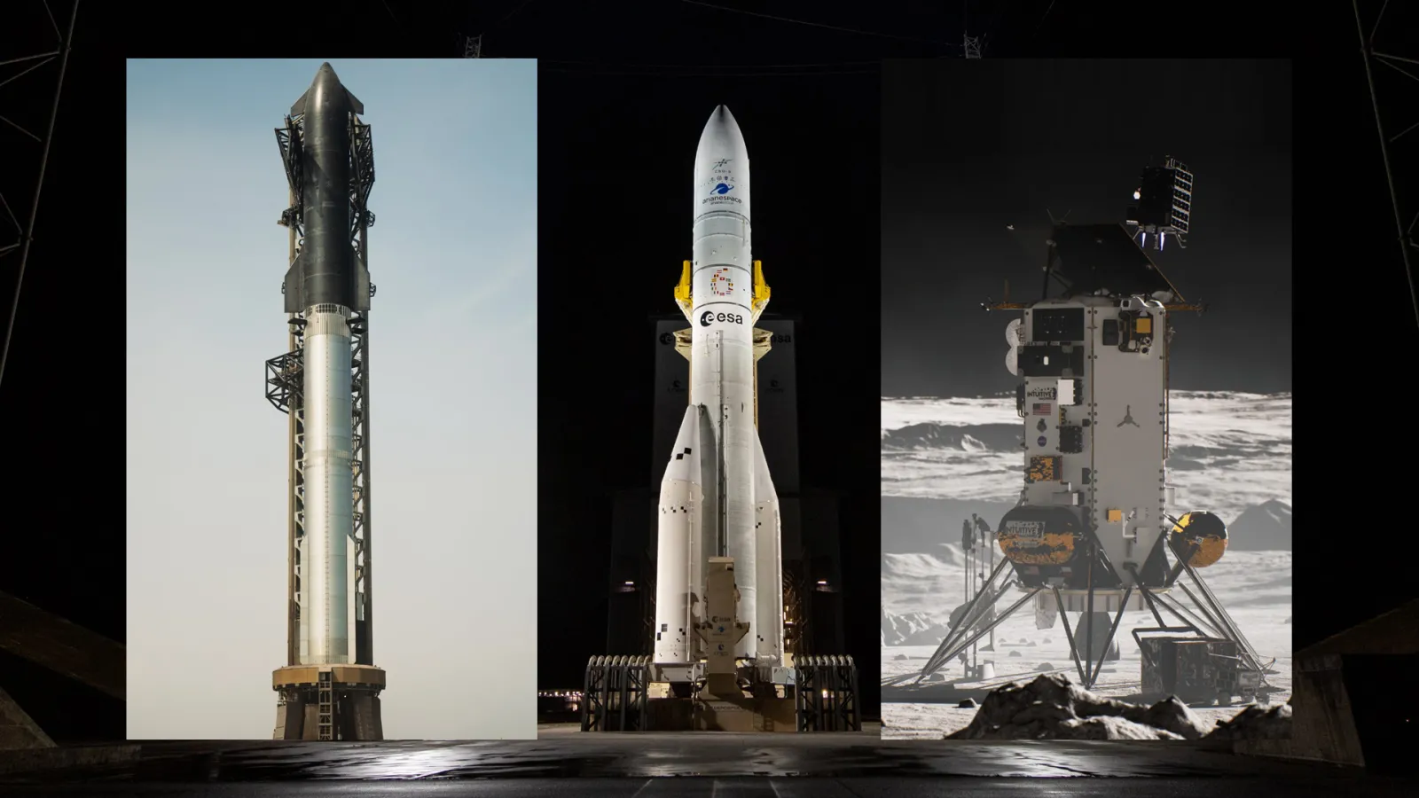 Kuvakoosteessa Starship, Ariane 6 ja Athena-laskeutuja