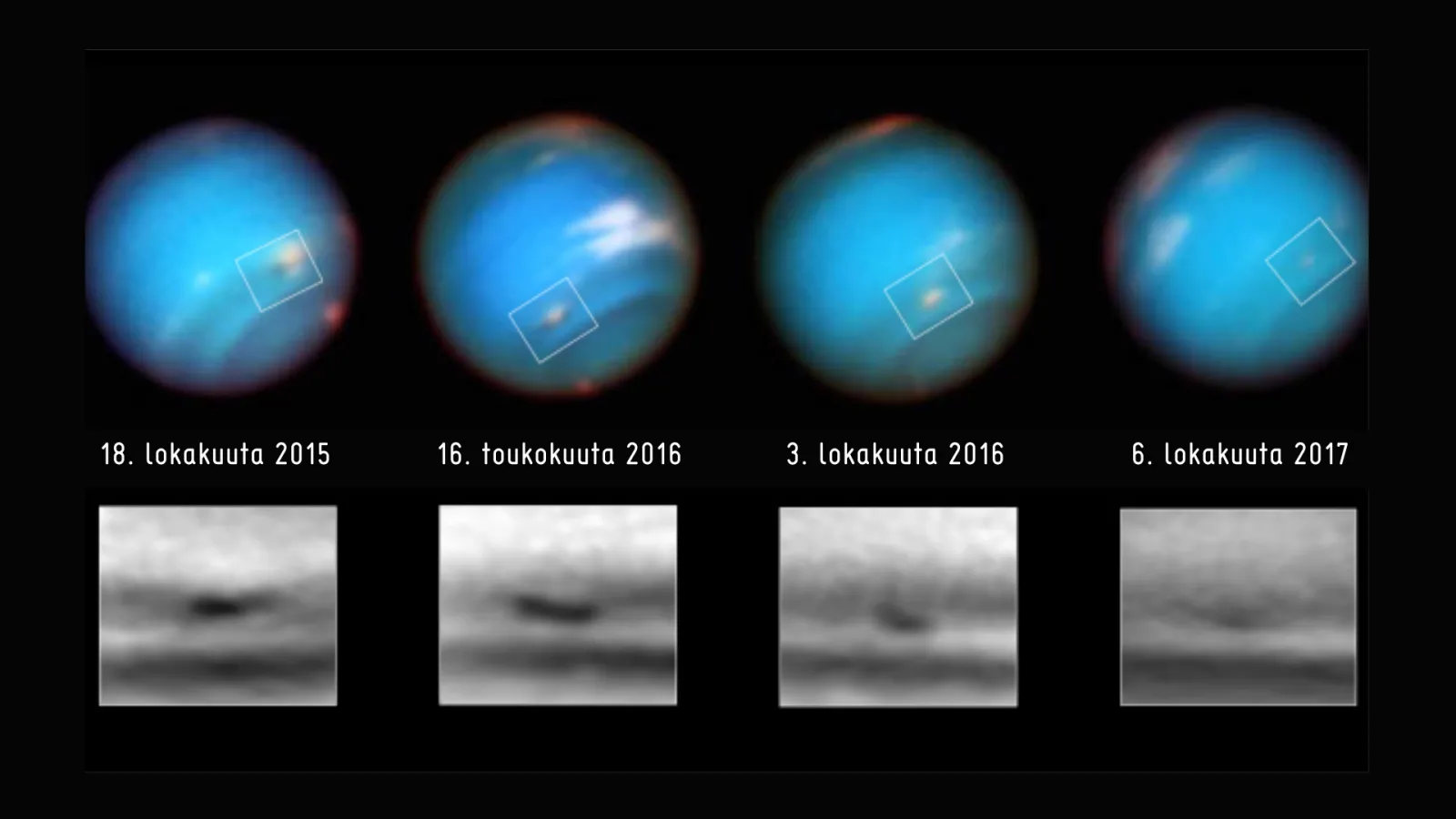 Neptunus Hubblen kuvaamana eri aikoina. Kuva: NASA, ESA ja M.H. Wong and A.I. Hsu, UC Berkeley