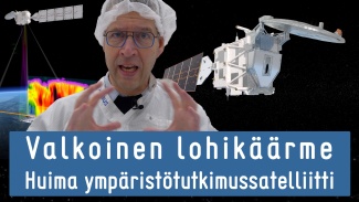 Piirroskuva EarthCARE-satelliitista ja Jari Mäkinen