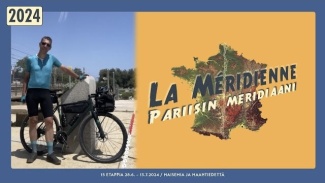 La Méridienne -tunnus ja Jari Mäkinen pyöränsä kanssa