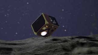 Piirros näyttää MASCOT-laskeutujan lähellä asteroidin pintaa